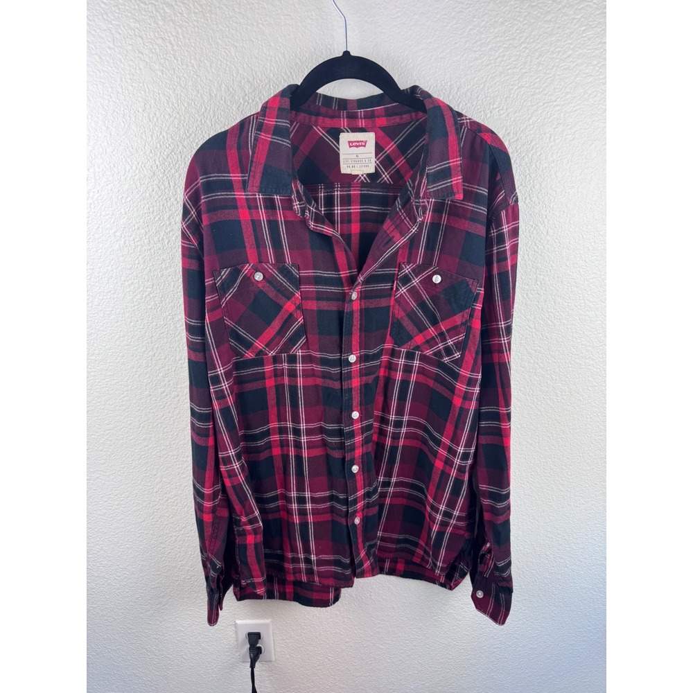 Levi Strauss Co Womens Flannel Shirt Red Black Plaid Long Sleeve Button Up XL